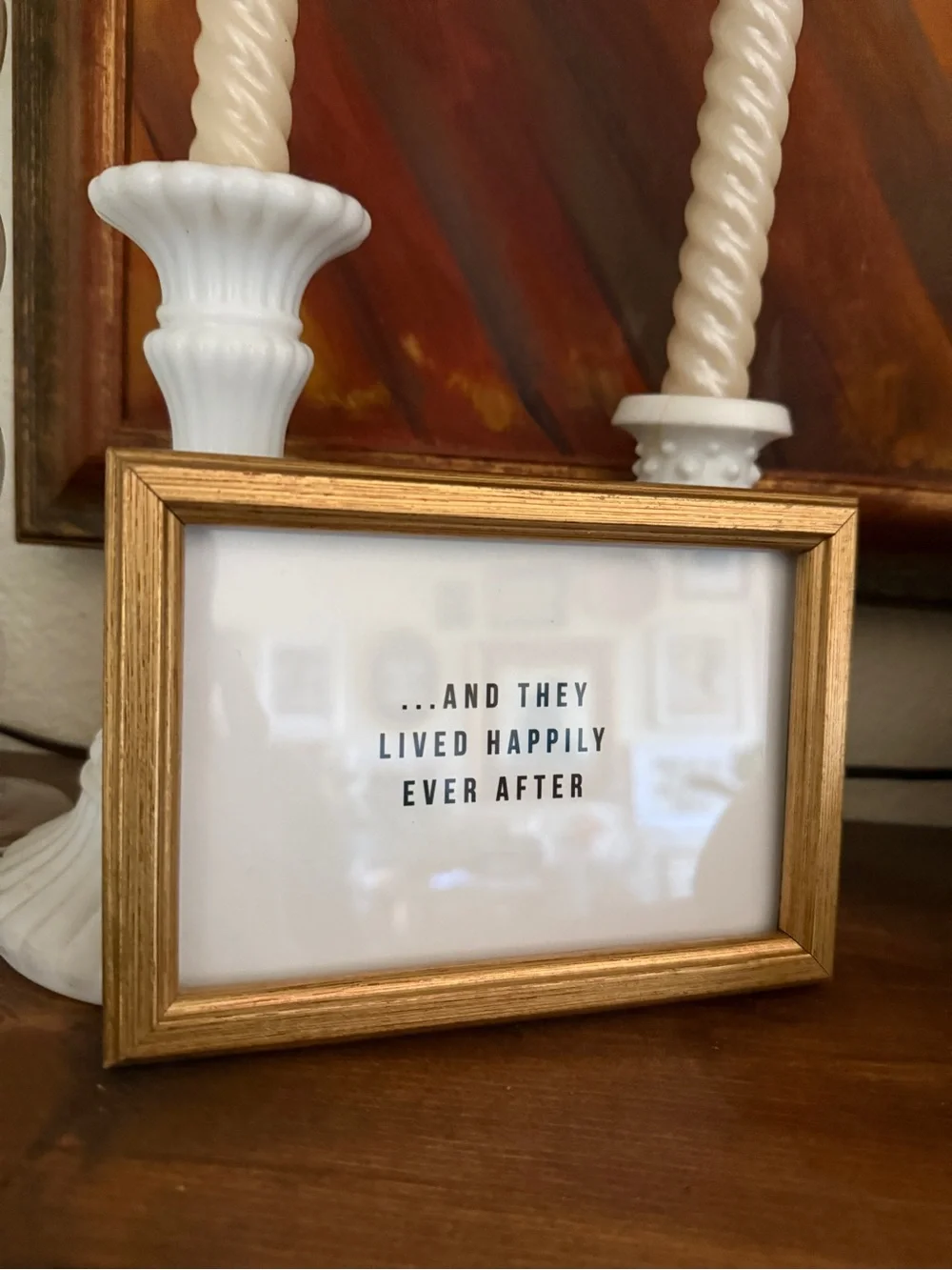 New happily ever after wedding couple in vtg 4x6”Gold Frame Inspirational Quote